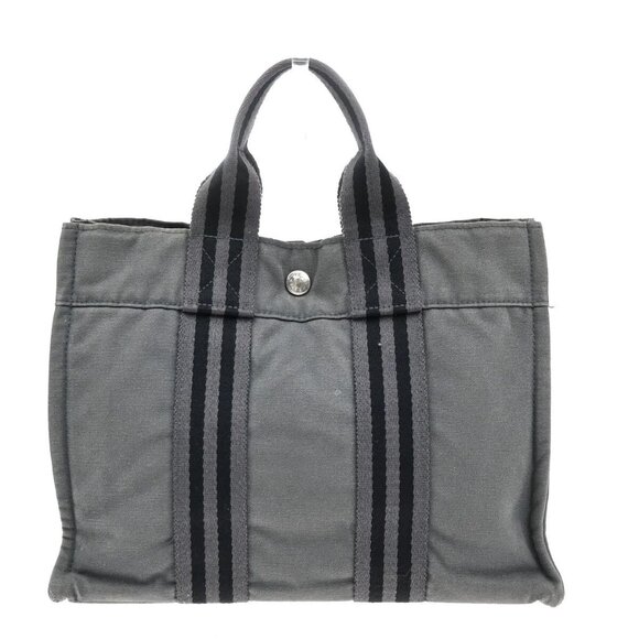 HERMES Logo Fourre Tour PM Hand Tote Bag Canvas Gray Black SHW France 09EF158 - Picture 1 of 16